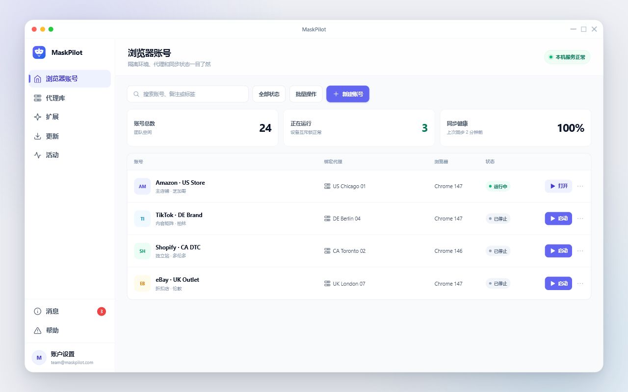 MaskPilot 账号列表，展示四个浏览器账号的代理、版本和运行状态
