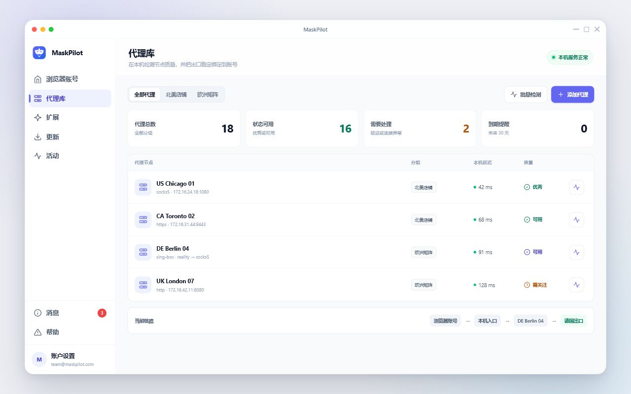 MaskPilot 代理列表，展示代理分组、连接速度、是否可用和当前使用账号
